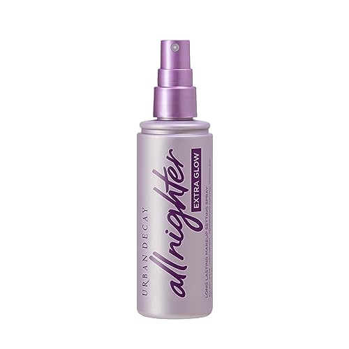 Spray fixateur de maquillage pour le visage All Nighter Extra Glow Dewy d'Urban Decay, sans transfert, tenue longue durée 16 heures, acide hyaluronique et extrait d'agave, fini radieux, sans huile, sans paraben, végétalien - 4 fl oz