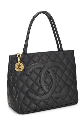 Chanel, sac fourre-tout matelassé noir à médaillon en caviar d'occasion, noir