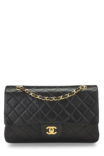 Chanel, Solapa doble clásica de piel de cordero acolchada negra Pre-Loved Mediana, Negro