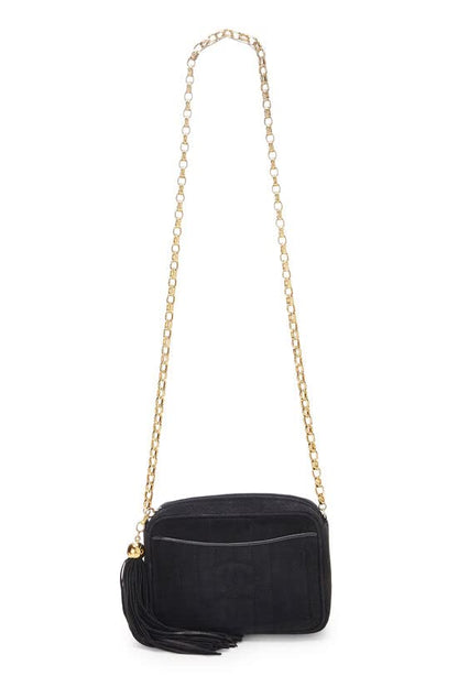 CHANEL, Mini sac photo vertical en daim noir d'occasion, noir