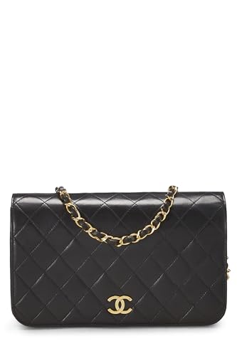 Chanel, Petit sac à rabat en cuir d'agneau matelassé noir d'occasion, noir