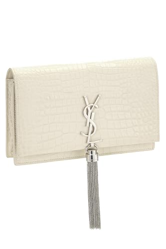 Yves Saint Laurent, Portefeuille à pampilles Kate en relief blanc sur chaîne (WOC) Small, blanc