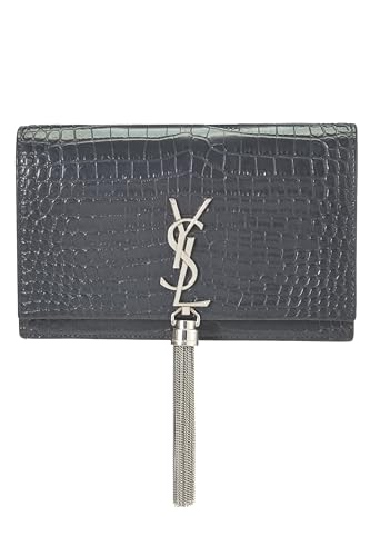 Yves Saint Laurent, portefeuille Kate gris gaufré avec pompon sur chaîne d'occasion (WOC), gris