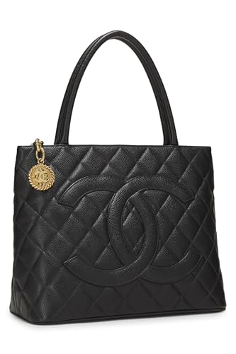 Chanel, sac fourre-tout matelassé noir à médaillon en caviar d'occasion, noir