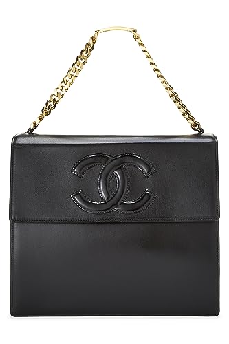 Chanel, sac à main à rabat en cuir d'agneau noir « CC » d'occasion, noir