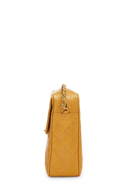 CHANEL, Bolso grande para cámara con bolsillo de caviar acolchado amarillo Pre-Loved, Amarillo