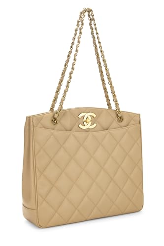 Chanel, Bolso tote grande con cierre giratorio 'CC' de caviar acolchado beige Pre-Loved, Beige