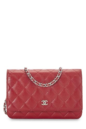 Chanel, Pre-Loved Red Caviar Classic Quilted Wallet On Chain (WOC), Red