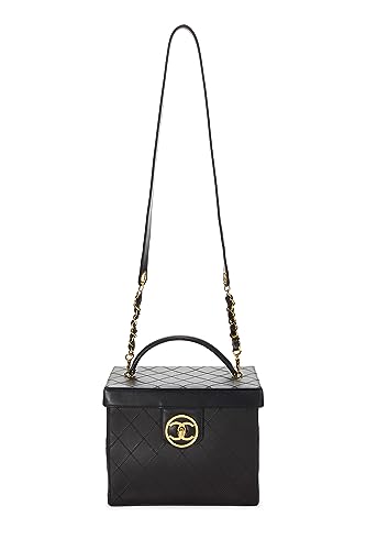 Chanel, trousse de toilette ronde « CC » en cuir d'agneau noir d'occasion, grande taille, noir