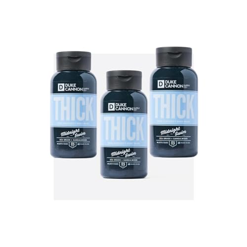 Gel de baño para hombre de alta viscosidad Duke Cannon Thick - Midnight Swim, fórmula exfoliante e hidratante, aromas a algas marinas y sándalo (paquete de 3)