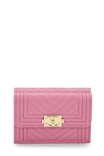 Chanel, portefeuille compact Caviar Boy à chevrons rose d'occasion, rose