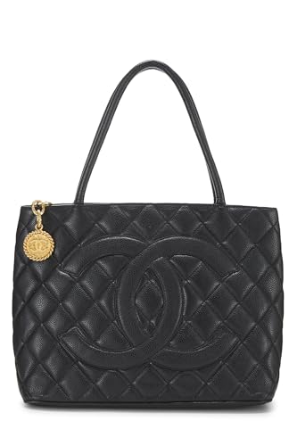 Chanel, sac fourre-tout matelassé noir à médaillon en caviar d'occasion, noir