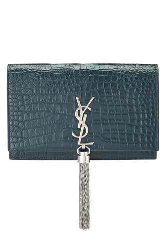 Yves Saint Laurent, portefeuille Kate en cuir de veau vert avec chaîne et pompon d'occasion (WOC), vert