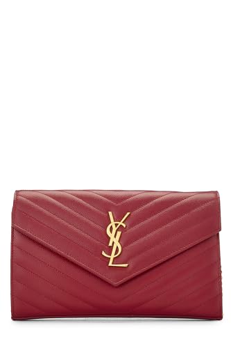 Yves Saint Laurent, Pre-Loved Red Grainy Leather Monogram Wallet on Chain, Red