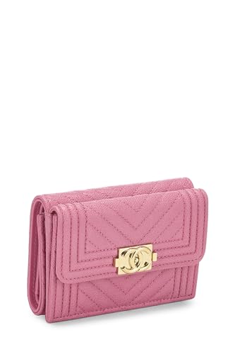 Chanel, portefeuille compact Caviar Boy à chevrons rose d'occasion, rose