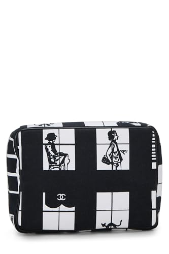 Chanel, Pre-Loved Black & White Canvas Coco Window Cosmetic Pouch, Black