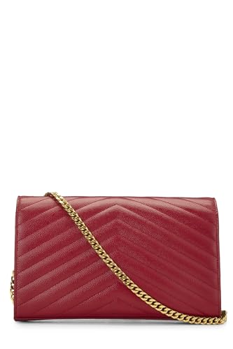 Yves Saint Laurent, Pre-Loved Red Grainy Leather Monogram Wallet on Chain, Red