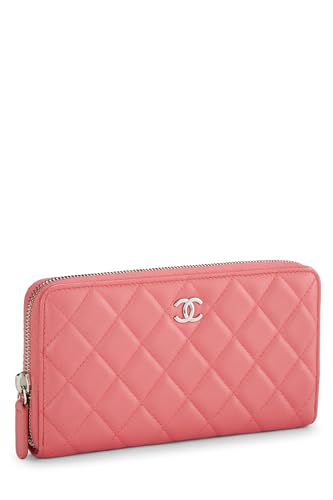 Chanel, portefeuille zippé en cuir d'agneau matelassé rose d'occasion, rose