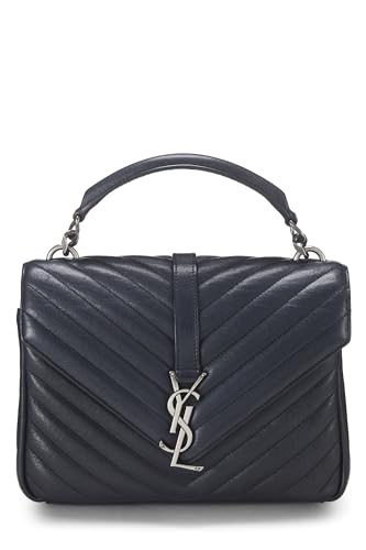 Yves Saint Laurent, Pre-Loved Navy Chevron Leather College Medium, Azul marino