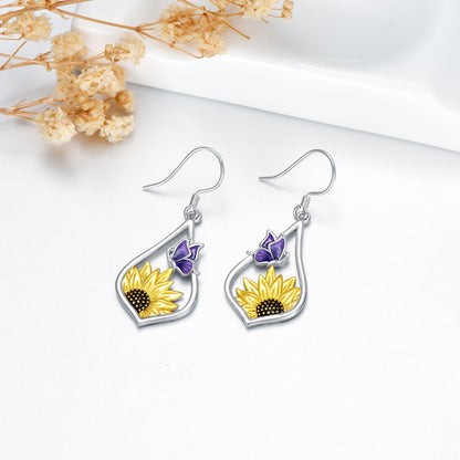 Pendientes colgantes de plata de ley con forma de girasol y mariposa morada, regalo para mujer