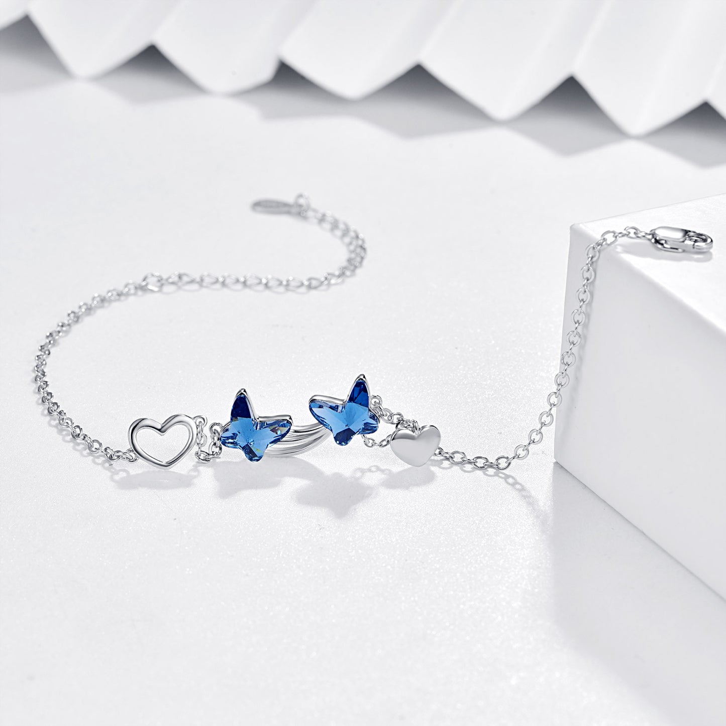 925 Sterling Silver Butterfly Blue Cubic Zirconia Pendant Bracelet Jewelry