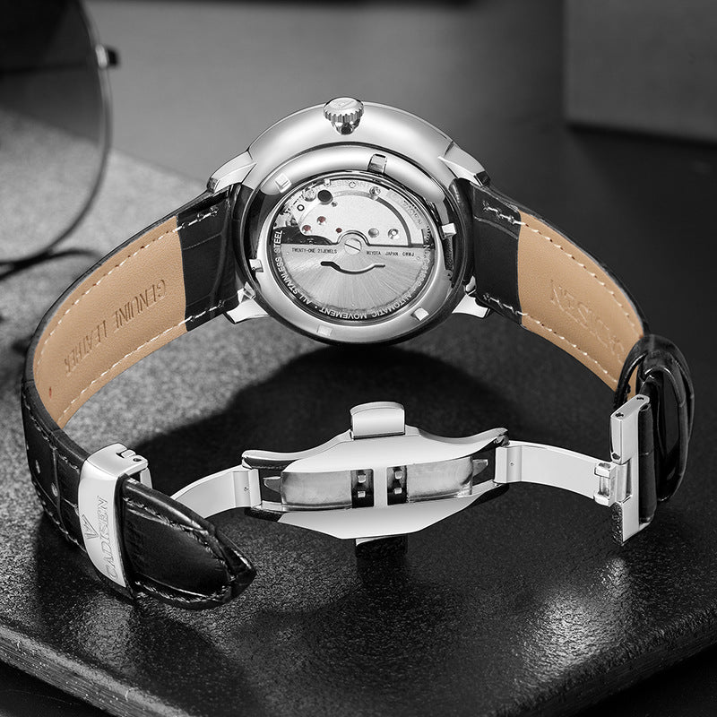 Montre mécanique à bracelet en cuir pour homme