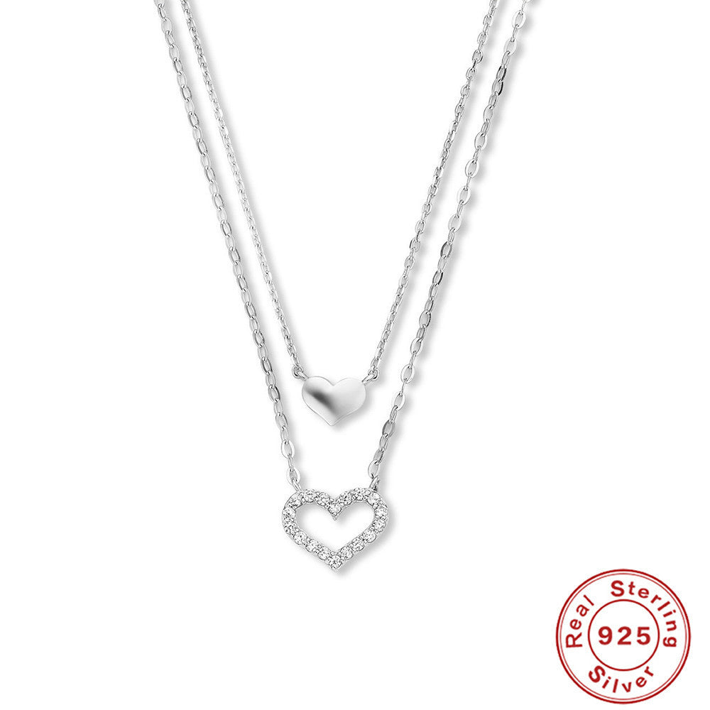 Sterling Silver Temperamental Twin Hollow Heart Shape With Diamond Double-layer Clavicle Necklace