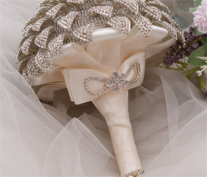 Handmade Rhinestone Gold Handheld Flower Bridal Wedding Bouquet