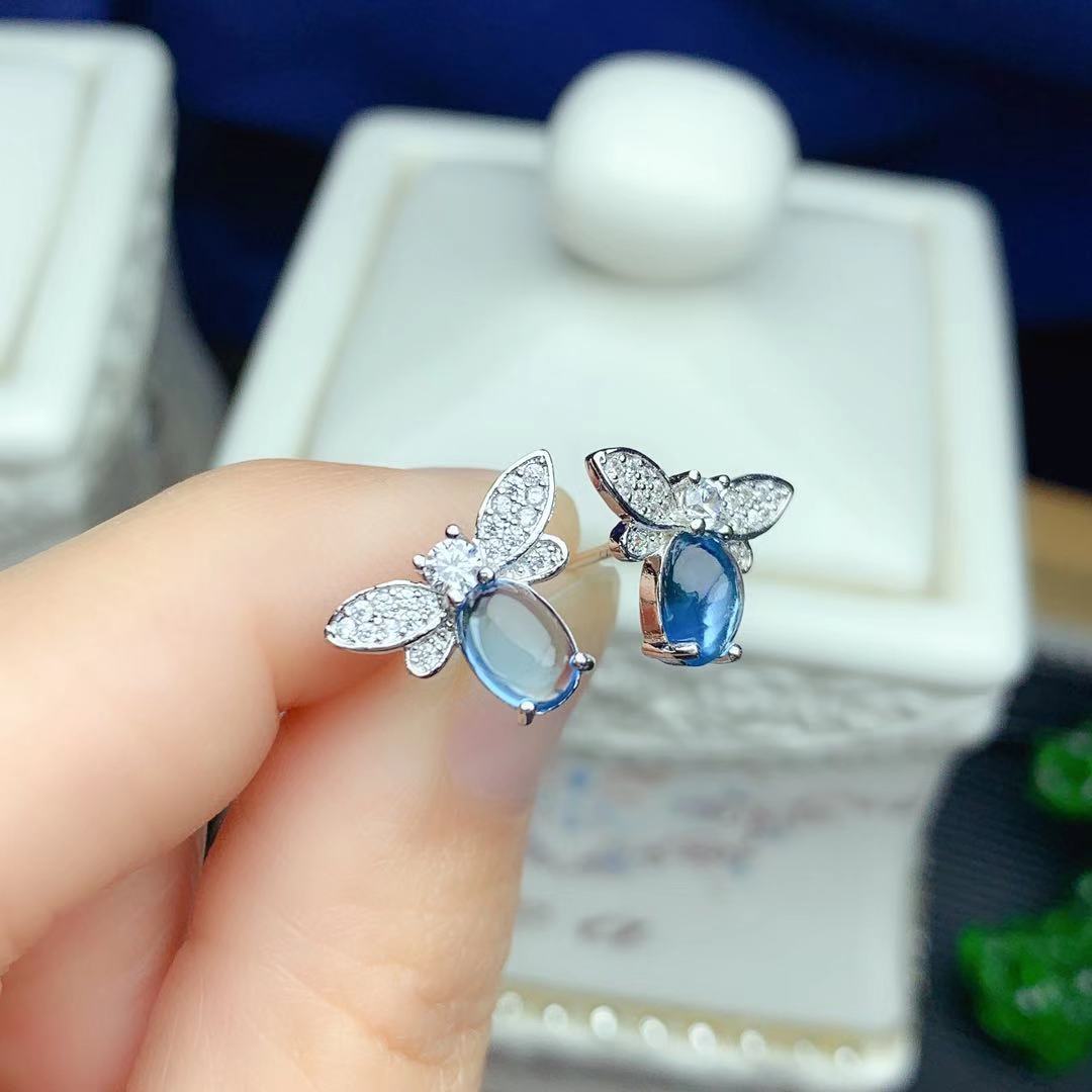 Natural Plain Blue Topaz Ear Studs