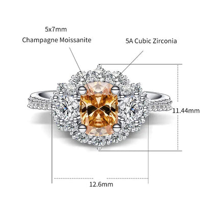 Bague pour femme en argent S925 plaqué or 18 carats avec moissanite champagne