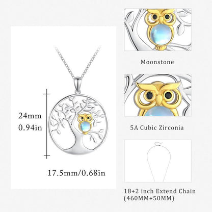 Collier avec pendentif hibou en argent sterling 925 avec arbre de vie et pierre de lune