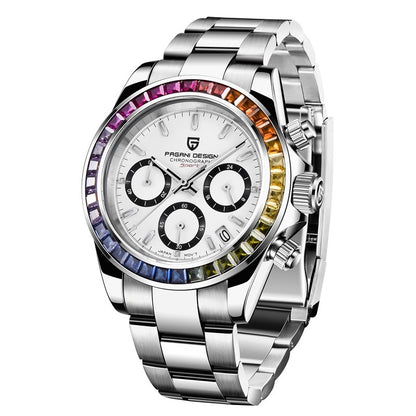 Montre à quartz multifonctionnelle pour homme en acier inoxydable avec cristaux colorés et étanche