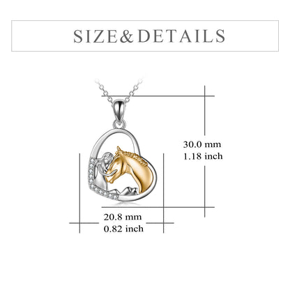 Sterling Silver Girls Embrace Horse Heart Pendant Necklace for Women Girls