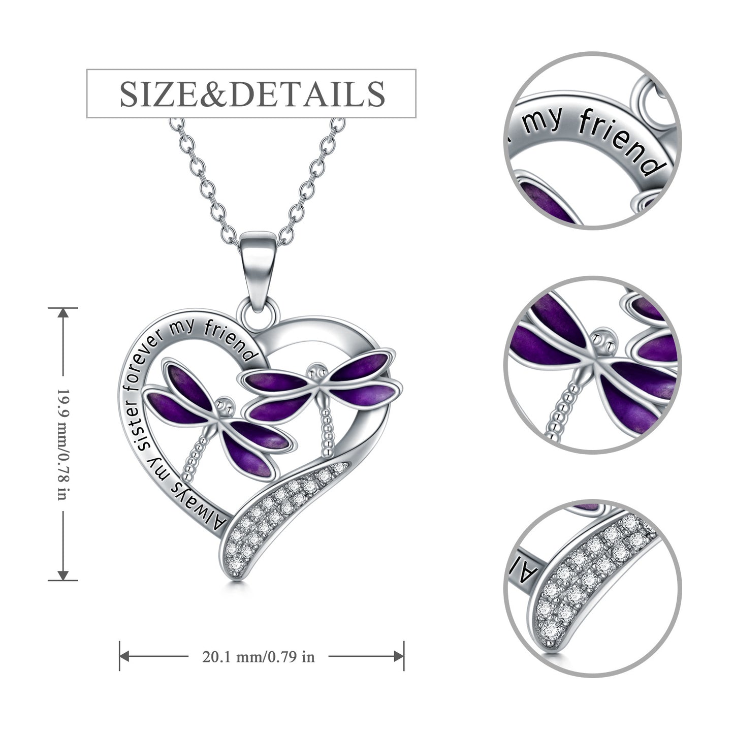 Collier pendentif libellule violette en argent sterling plaqué or blanc