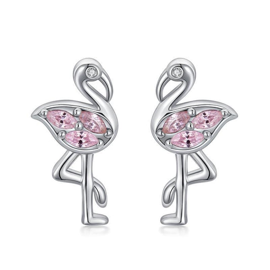 Boucles d'oreilles à tige en argent sterling plaqué or blanc avec flamant rose et zircones cubiques