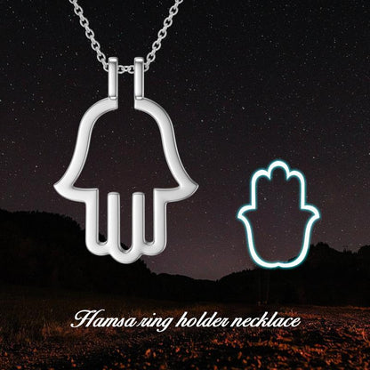 Hamsa Hand Ring Holder Keeper Pendant Necklace in Sterling Silver