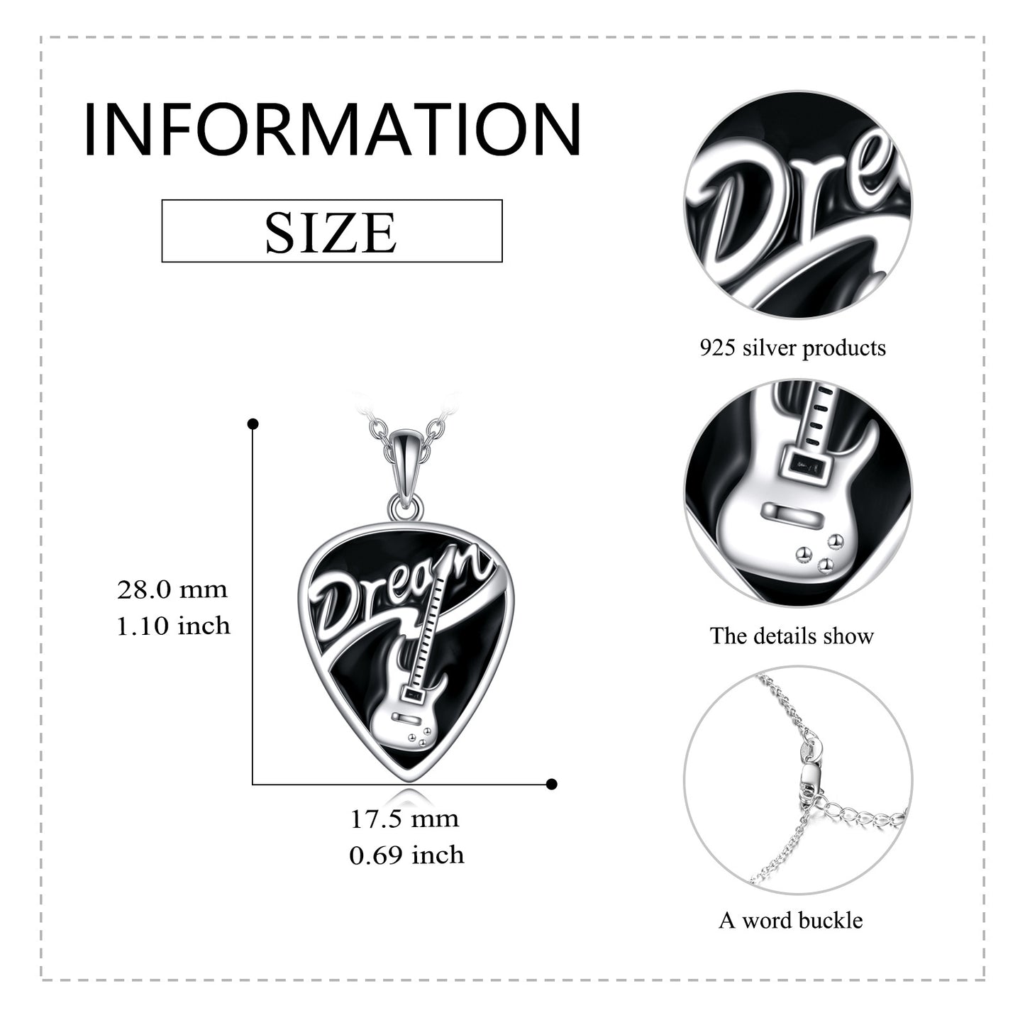 Collier pendentif médiator de guitare en argent sterling, bijoux cadeaux pour femmes