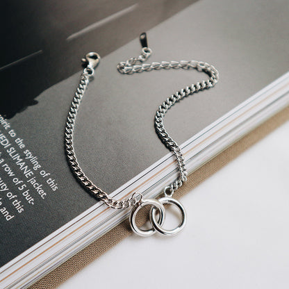 Korean fashion trend S925 Sterling Silver double ring, retro flat chain, silver bracelet Jewelry