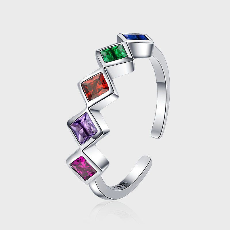 Anillo de plata de ley con incrustaciones de circonitas de colores y diseño geométrico de arcoíris pequeño