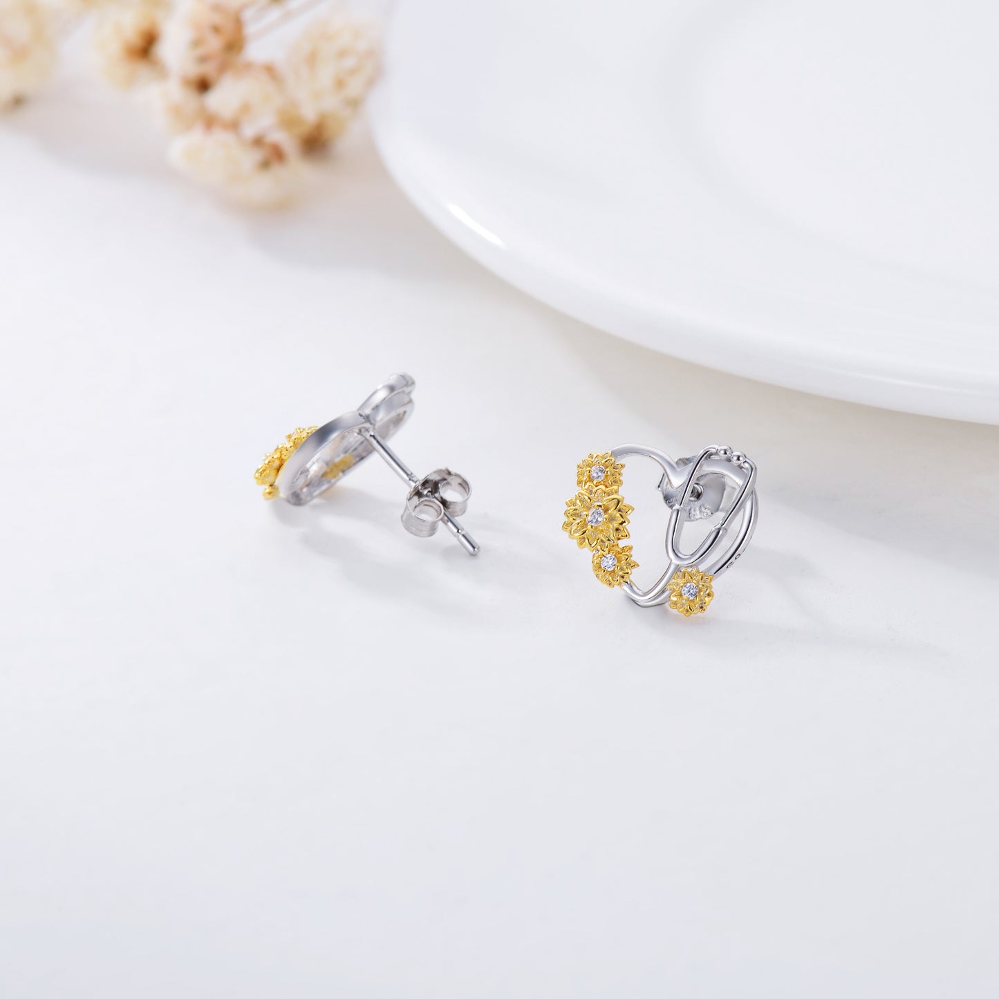 Boucles d'oreilles en forme de cœur avec stéthoscope et tournesol en argent sterling pour femme infirmière