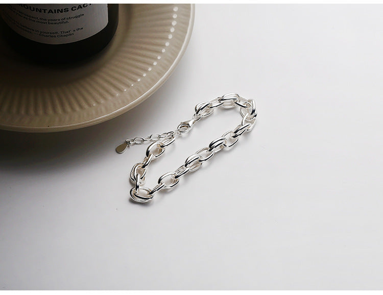 S925 Sterling Silver Hollow Thick Chain Street Style Bracelet