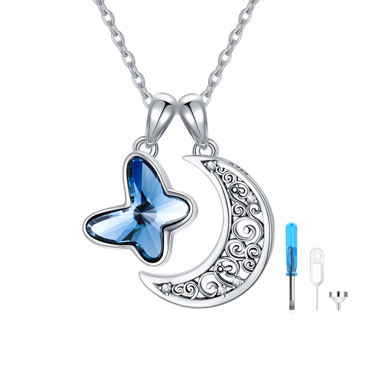 Pendentif funéraire en argent sterling avec croissant de lune et collier papillon bleu