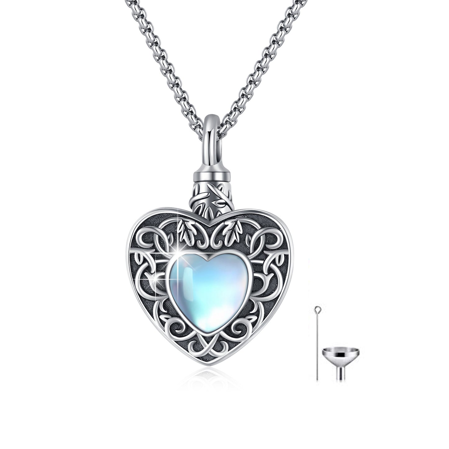 Collier urne en forme de cœur en argent 925 avec pierre de lune et bijoux de crémation