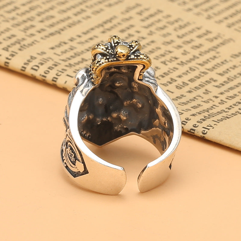 Bague tête de lion mâle en argent sterling avec croix et couronne vintage du Roi Lion