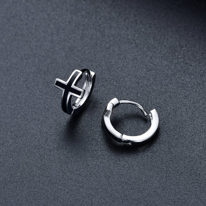 Boucles d'oreilles créoles unisexes en argent sterling avec croix noire