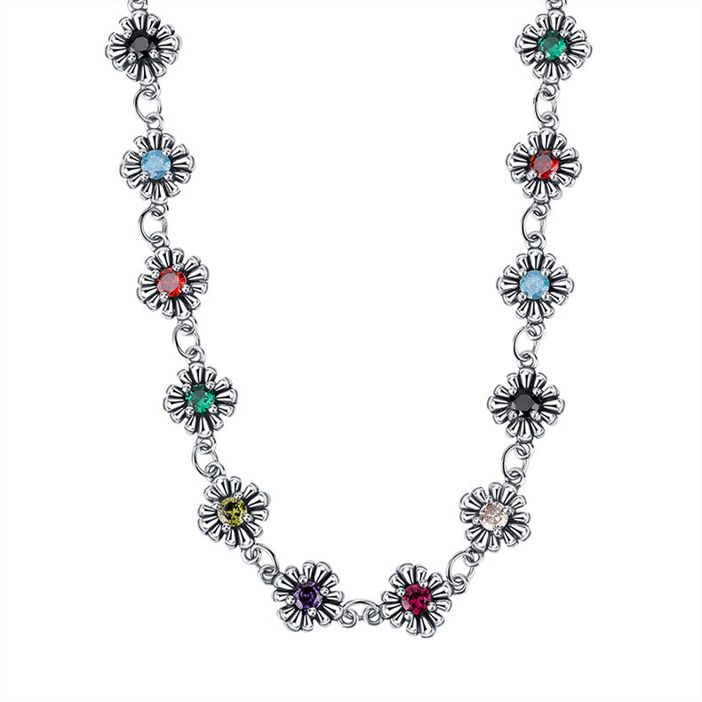 S925 Sterling Silver Gram Colorful Zircon Small Flowers Universal Sweater Chain Necklace