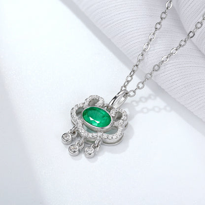 Natural Emerald Necklace Women's 925 Silver Full Set Delicate Light Luxury Pendant Auspicious Cloud Safety Lock Pendant Jewelry