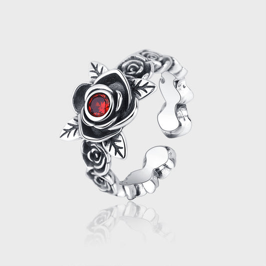 Bague en argent sterling S925 avec chaîne en épine de rose et zircone rouge