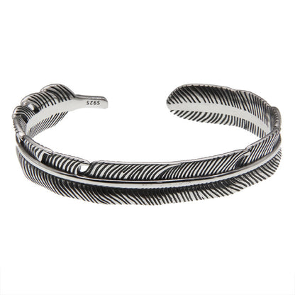 Pulsera de plumas de moda retro con personalidad, pulsera ligera de lujo para hombre de plata