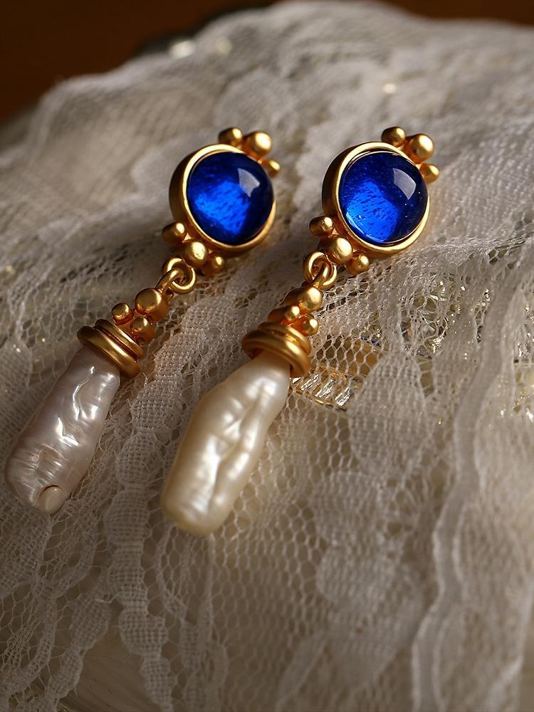 Boucles d'oreilles baroques françaises rétro Maillard en perles bleues